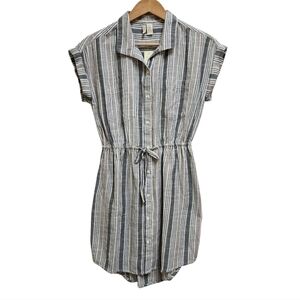 Japna Shirt Dress M Cotton Gray Striped Short Sleeve Button Tie Elastic Waist